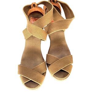 Tory Burch Designer Espadrille Wedges Sz 11 Olive Canvas Cognac Leather EUC